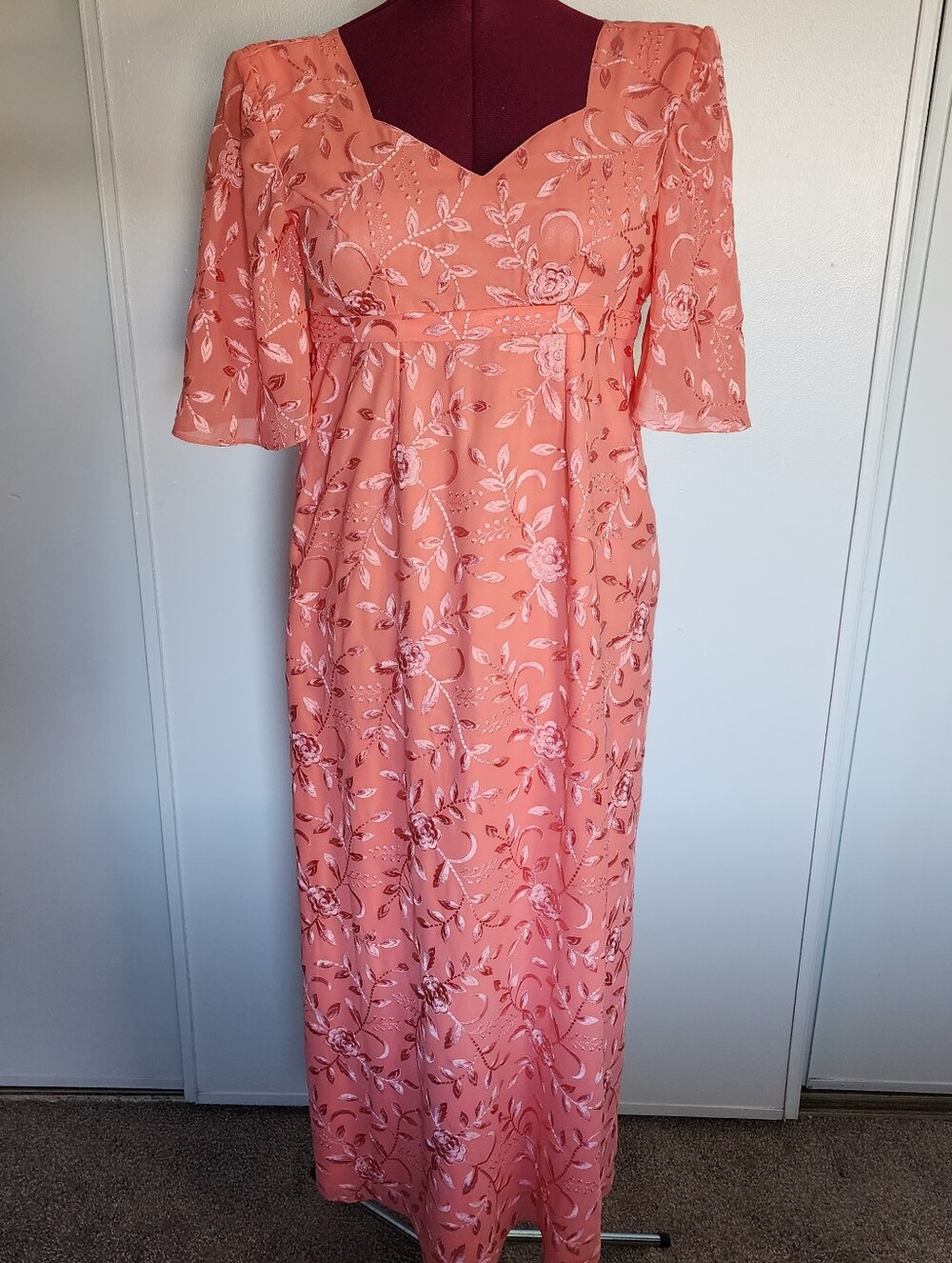 Vintage 1970s Empire Waist Bridgerton Style Dress S Bridesmaid Formal Peach Pink